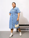 Women Navy Denim Acid Wash Front Button Shirt Dress