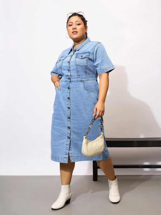 Women Navy Denim Acid Wash Front Button Shirt Dress