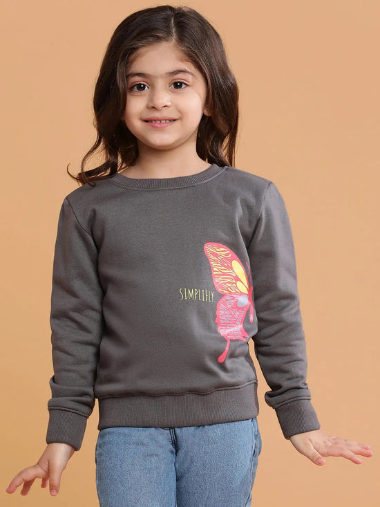 Tales & Stories Grey Printed SweatShirt For Girls