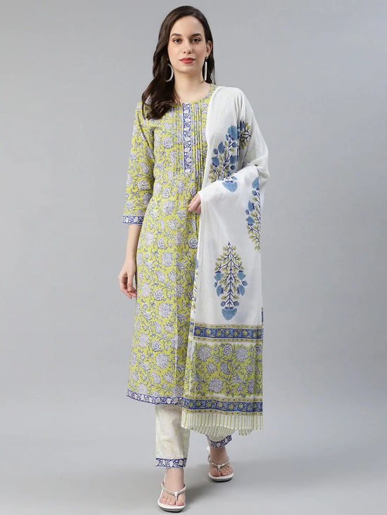 Ahika Women Lime Green Cotton Printed Straight Kurta Pant Set With Dupatta