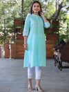 Juniper Womens Seagreen cotton slub embroidered straight kurta