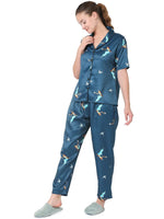 Smarty Pants Women's Silk Satin Teal Blue Jasmine Print Night Suit