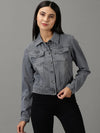 Women's Grey Solid Denim Jacket-IM-10440-Grey