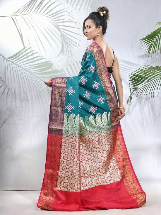 Teal Embroidered Motifs Silk Saree With Zari Borders-MA56BSL44940018