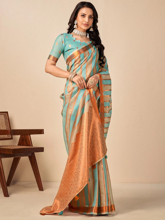 Saree Mall Women's Cotton Blend Blue Woven Design Designer Saree With Blouse Piece-NAMYA78301