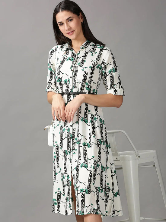 Women's White Printed Fit and Flare Dress-AE-444132-Offwhitegreen