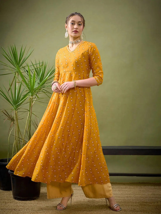 Women Yellow Lotus Floral Long Anarkali Kurta-SHKUR00283-XXL