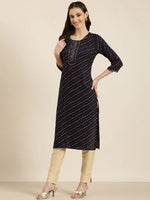 Women Navy Blue Printed Straight Kurta-HO-2797-Navyblue