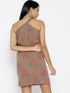 One shoulder elastic Ikat printed dress in Mocha color