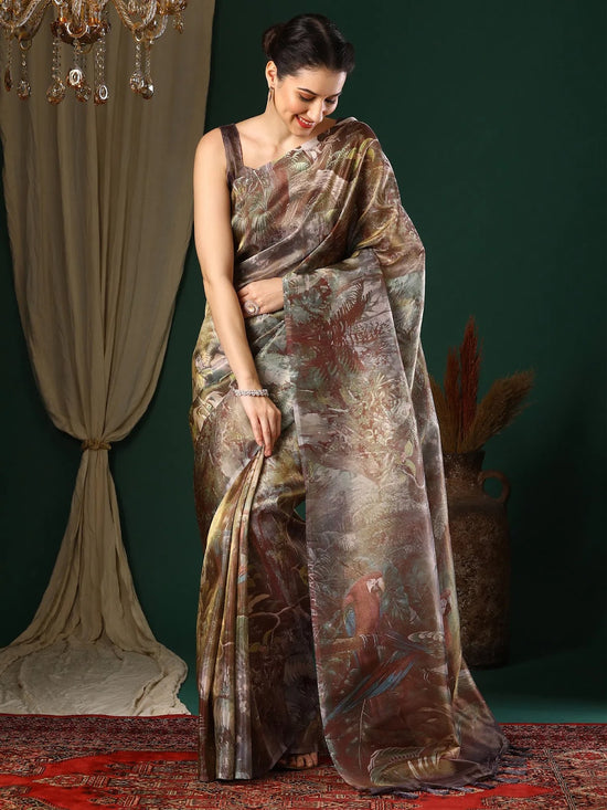 Saree Mall Women's Organza Brown Printed Designer Saree With Blouse Piece-TISU104