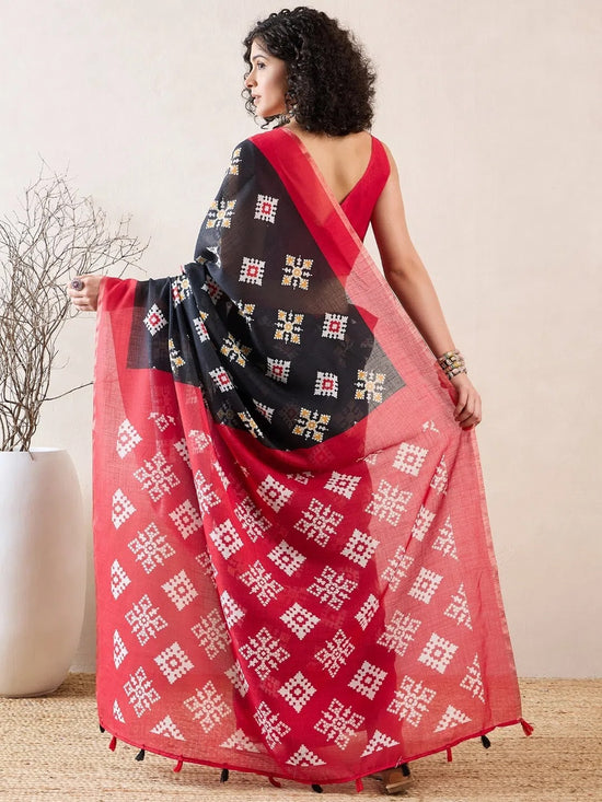 Ahika Women Black Linen Geometric Printed Saree-VFSAR1029