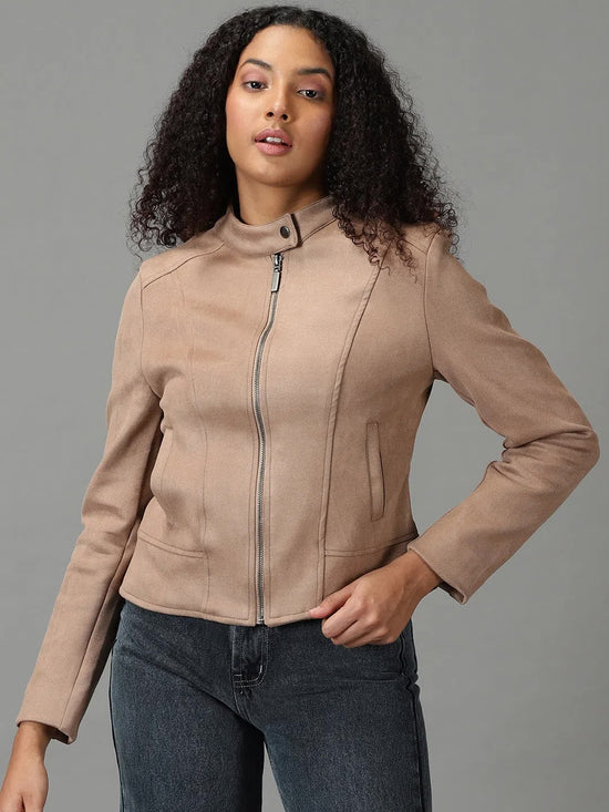 Women's Taupe Solid Open Front Jacket-IM-067-Taupe