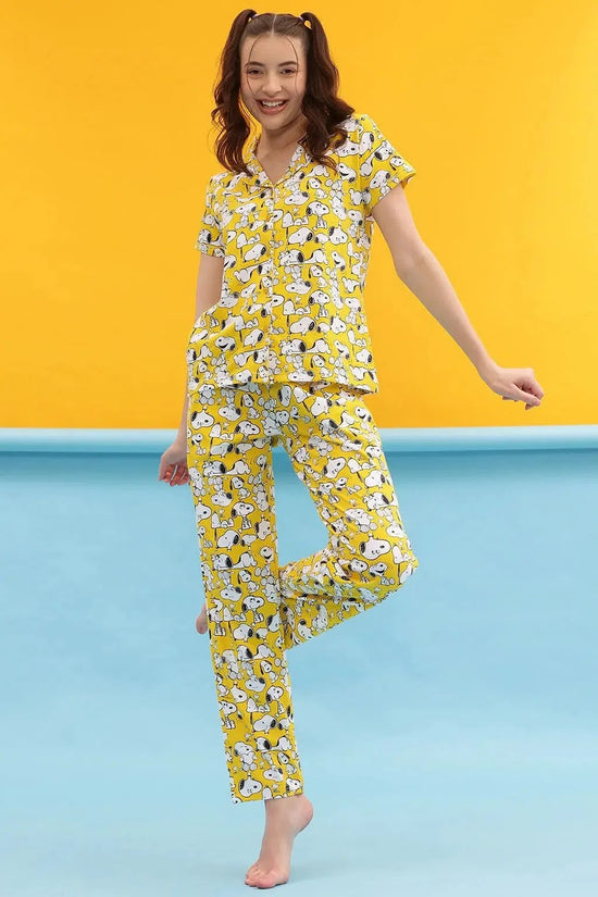 Clovia Peanuts Snoopy Print Button Down Shirt & Pyjama Set in Light Yellow - 100% Cotton