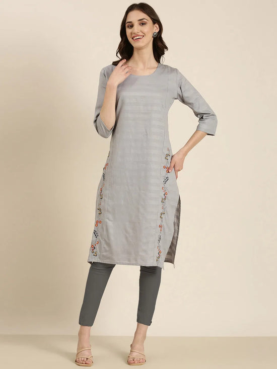 Women Grey Solid Straight Kurta-DF-1555-Grey