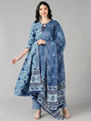 Ahika Women Blue Cotton Printed A-Line Kurta Pant Set With Dupatta