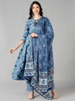 Ahika Women Blue Cotton Printed A-Line Kurta Pant Set With Dupatta