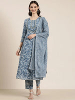 Women Blue Floral Kurta Set-BC-SK-1087-Blue