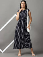 Women's Blue Polka Dots Fit and Flare Dress-AE-15690-Navyblue