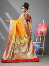 Yellow And Red Katan Silk Banarasi Patli Pallu Saree With Ethnic Motifs And Zari Woven Designs-MA52KA441380062