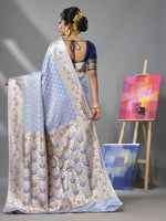 Cornflower Blue Katan Silk Banarasi Saree With Ethnic Motifs And Zari Woven Designs-MA52KA441380077