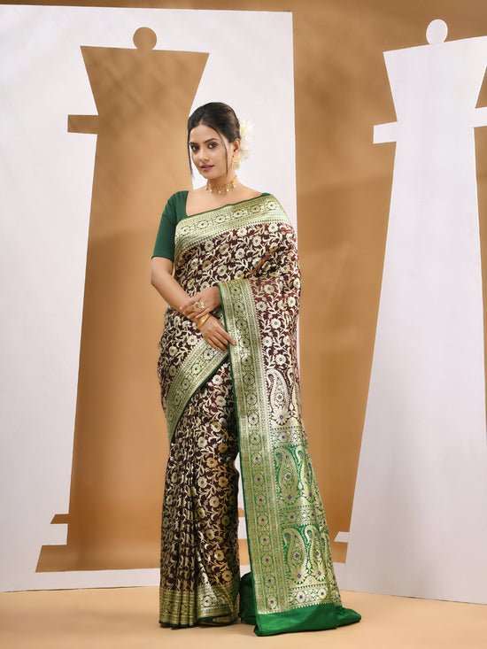 Dark Chocolate Silk Banarasi Saree With Zari Woven Designs-MA53BSL441050001