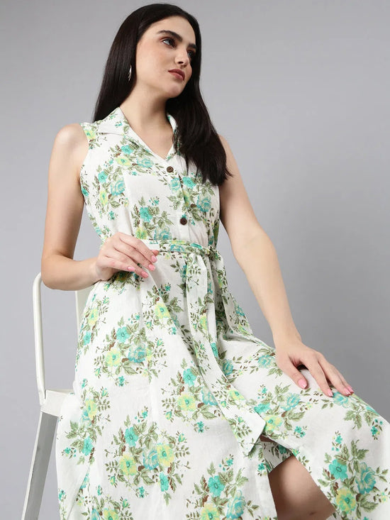 Women White Floral A-Line Dress-AT-A1024-AL-White