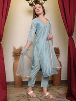 Avanshee Women's Latest Embroidred Chanderi Kurta, Pant With Dupatta Set-ES-7539SKY