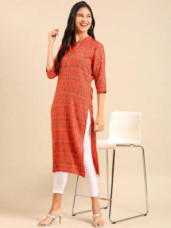 Women's Orange Printed Straight Kurta-GW-500-S-Orange