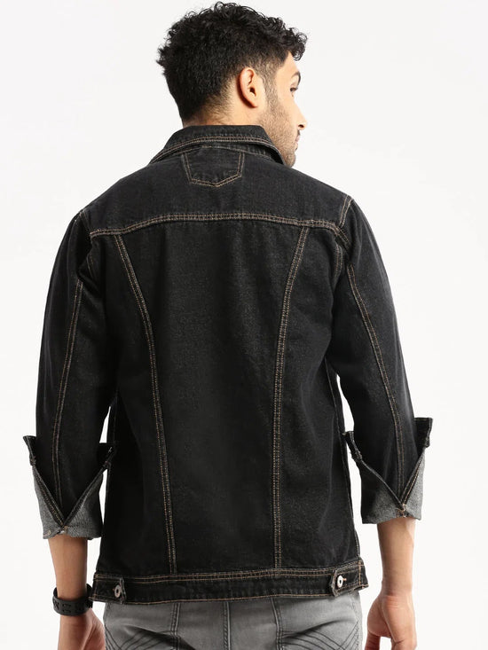 Men Charcoal Spread Collar Solid Denim Jacket-IB-DJ-09-Charcoal