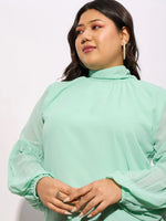 Women Sea Green Balloon Sleeves Top