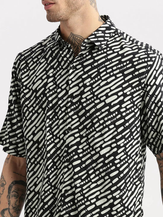 Men Spread Collar Abstract Black Casual Shirt-POLFAH-2101-Black