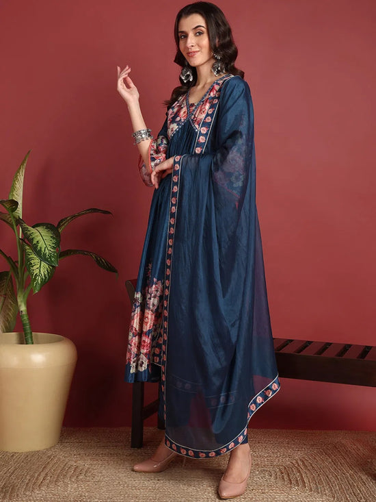 Ahika Polyester Floral Blue Indian Ethnic