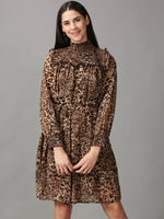 Women's Brown Printed Fit and Flare Dress-HQ-1-Brown