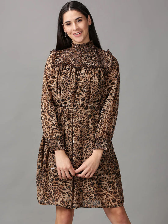 Women's Brown Printed Fit and Flare Dress-HQ-1-Brown