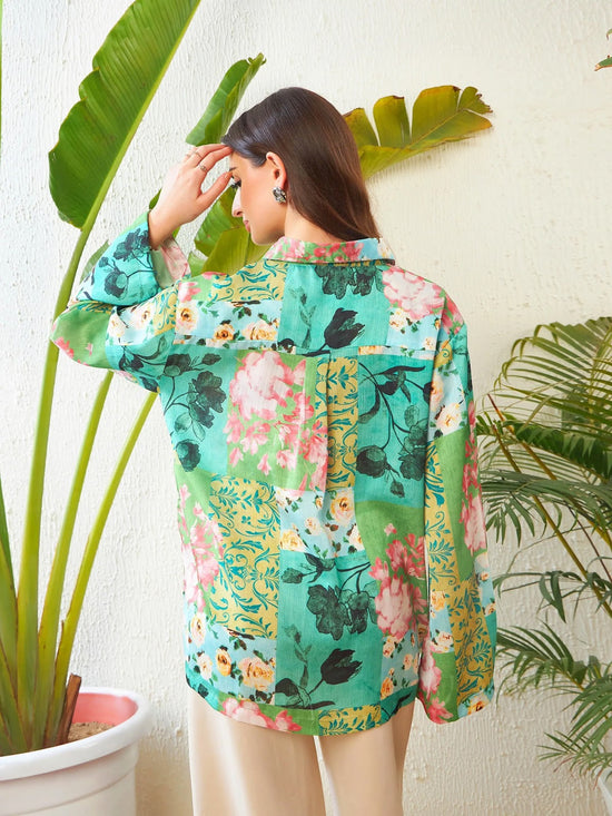 Women Green Placement Floral Oversize Shirt