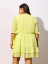 Women Yellow Dobby Frill Hem Skater Dress