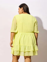 Women Yellow Dobby Frill Hem Skater Dress