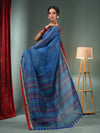 Sapphire Blue Silk Linen Handwoven Saree With Temple Border-MA50SLN061100094