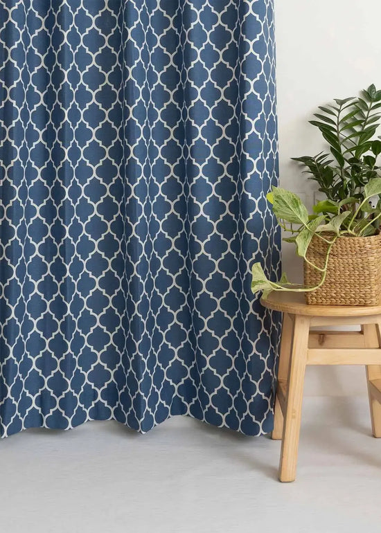 Reverse Trellis 100% cotton geometric curtain for bed room - Room darkening - Royal Blue - Pack of 1-230423074