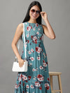 Women's Blue Floral Fit and Flare Dress-AE-15736-Teal