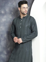 Men's Sequins Chikankari Embroidered Kurta with Pyjama.-JOKP-P-5015Grey