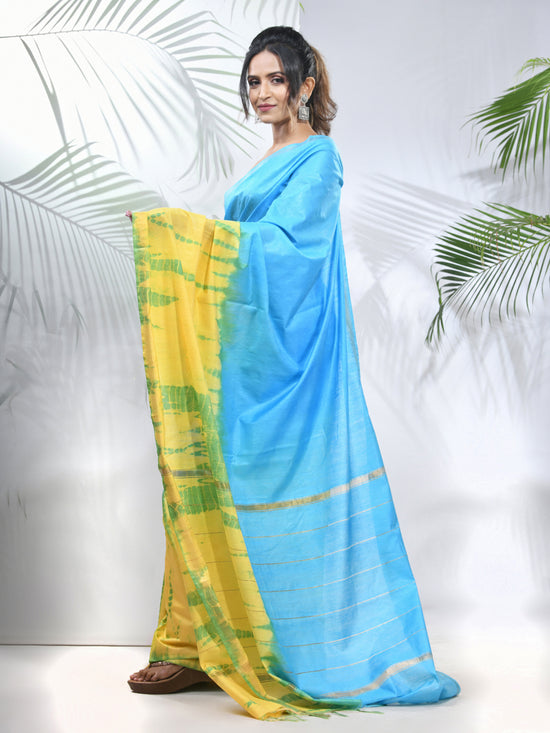 Yellow And Sky Blue Shibori Printed Silk Saree-MA56BSL34660010