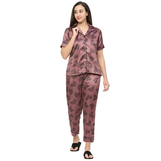 Smarty Pants Women's Silk Satin Chocolate Color Paw Print Night Suit