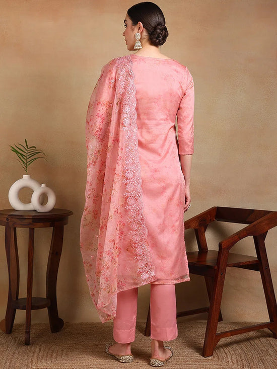 Ahika Women Peach Organza Embroidered Straight Kurta Pant Set With Dupatta