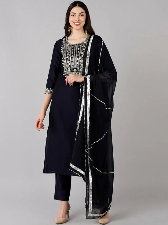 Ahika Women Navy Blue Polyester Embroidered Straight Kurta Pant Set With Dupatta-PKSKD1284_L