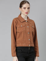 Women Camel Brown Solid Denim Jacket-GZ-5598-Camelbrown