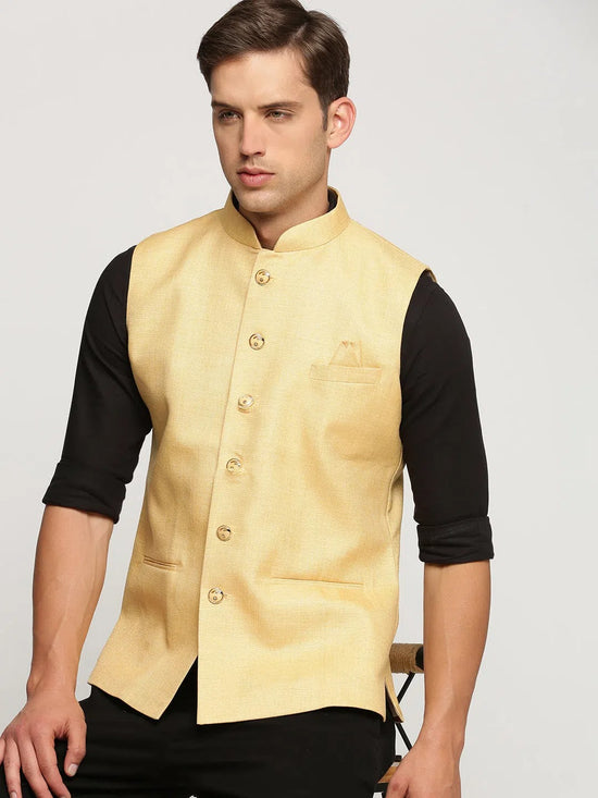 Men Yellow Mandarin Collar Solid Nehru Jacket-AK-51340-31-Yellow