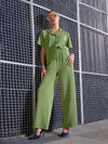 Women Green Knit Notch Collar Shirt With Darted Pants