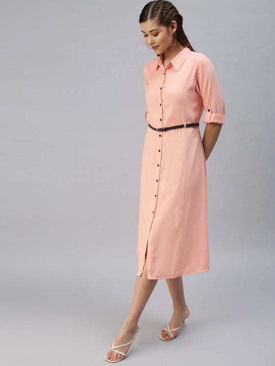 Women's Peach Solid Shirt Dress-AE-444955-Peach