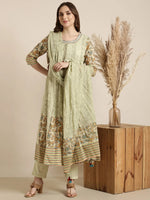 Women Anarkali Green Ethnic Motifs Kurta and Trousers Set Comes With Dupatta-RJF-2175-Green